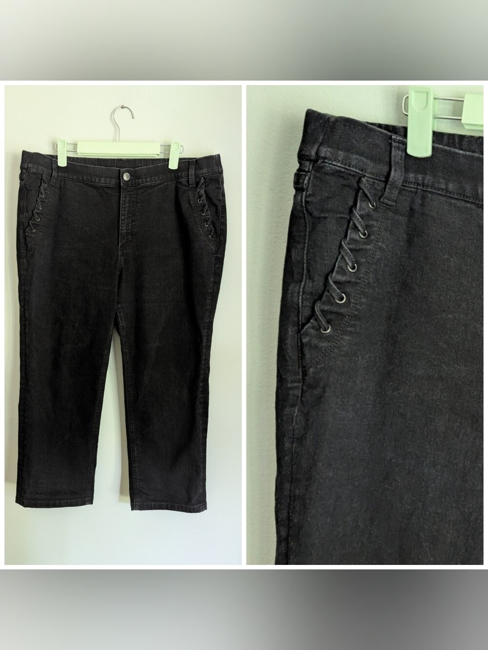 Denim & Co Women's 16 Petite Faded Black Stretch Crop Jean Lace Up Pocket Detail